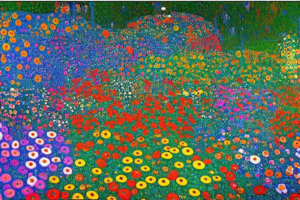 Colorful Pointillist Painting of Flower Field with Red, Blue, Yellow, Purple Dots