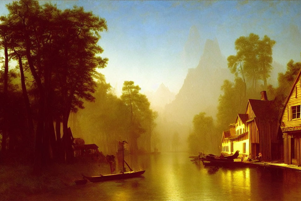 River, boats, wooden houses, trees, and misty mountains in serene landscape