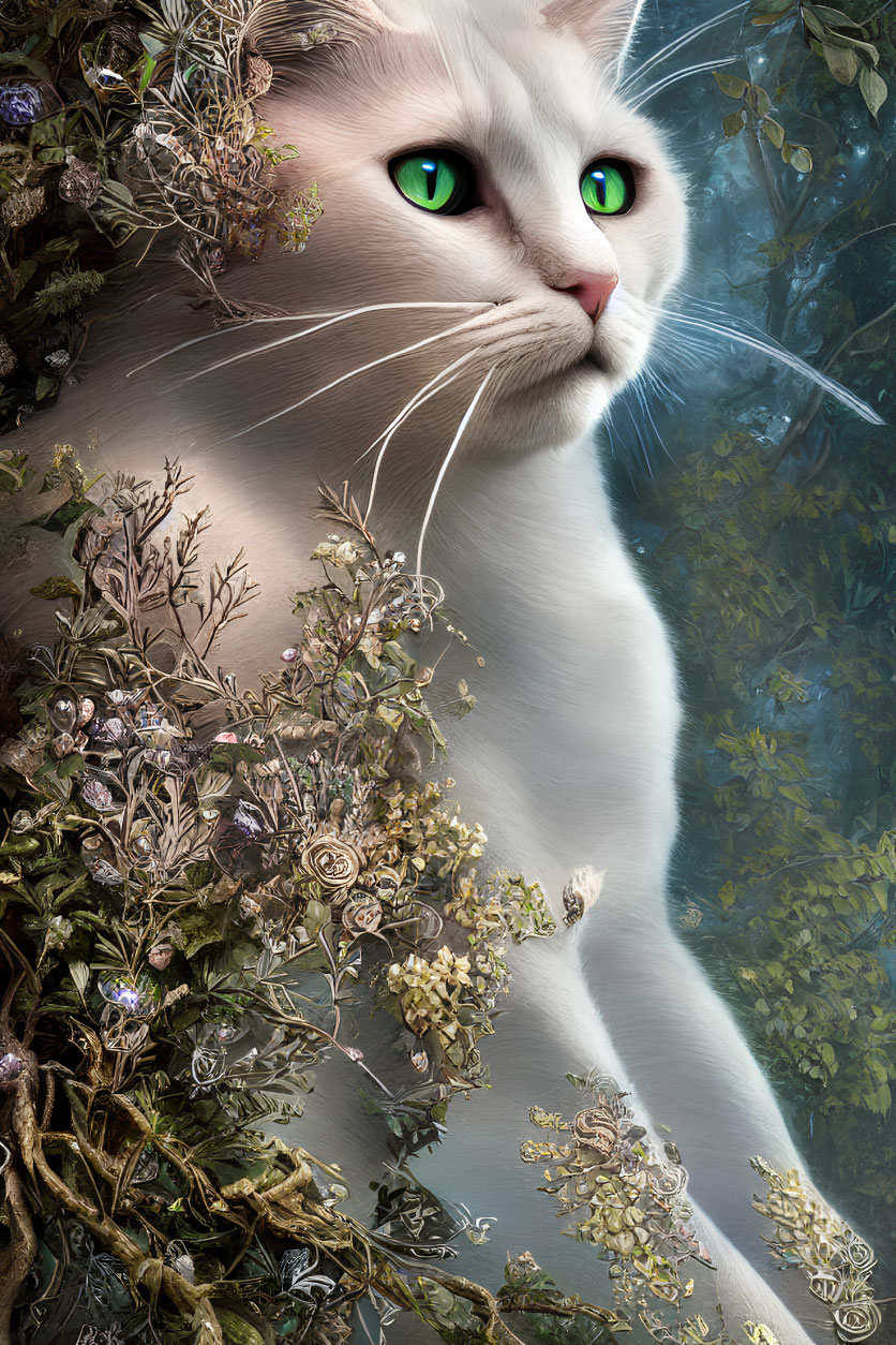 White Cat with Green Eyes Surrounded by Intricate Flora in Mystical Forest