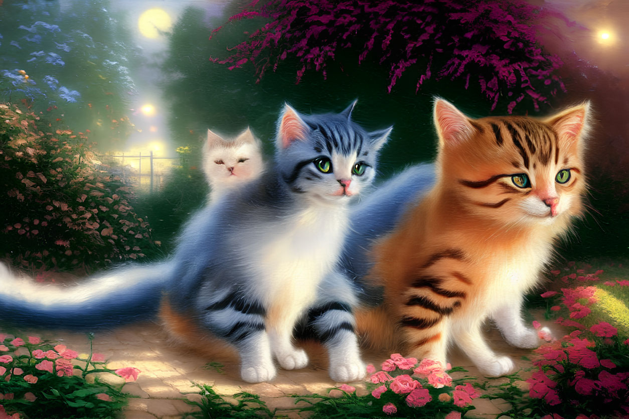 Three fluffy cats in vibrant garden with pink flowers under twilight sky