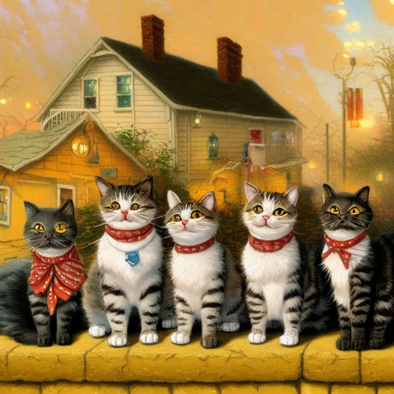 Four cats with bandanas on wall in front of cozy house at dusk