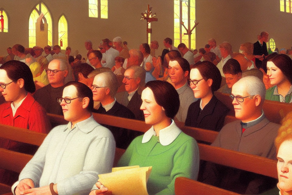 People in church pews under sunlight.