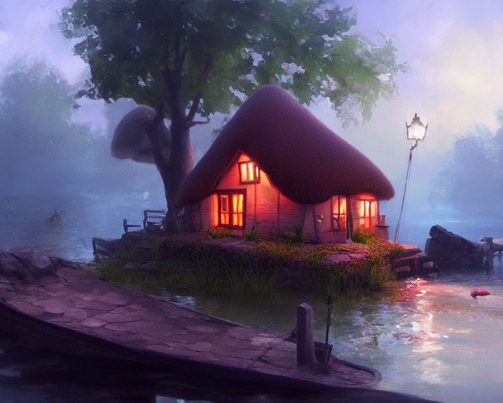 Thatched Roof Cottage at Twilight by Tranquil River