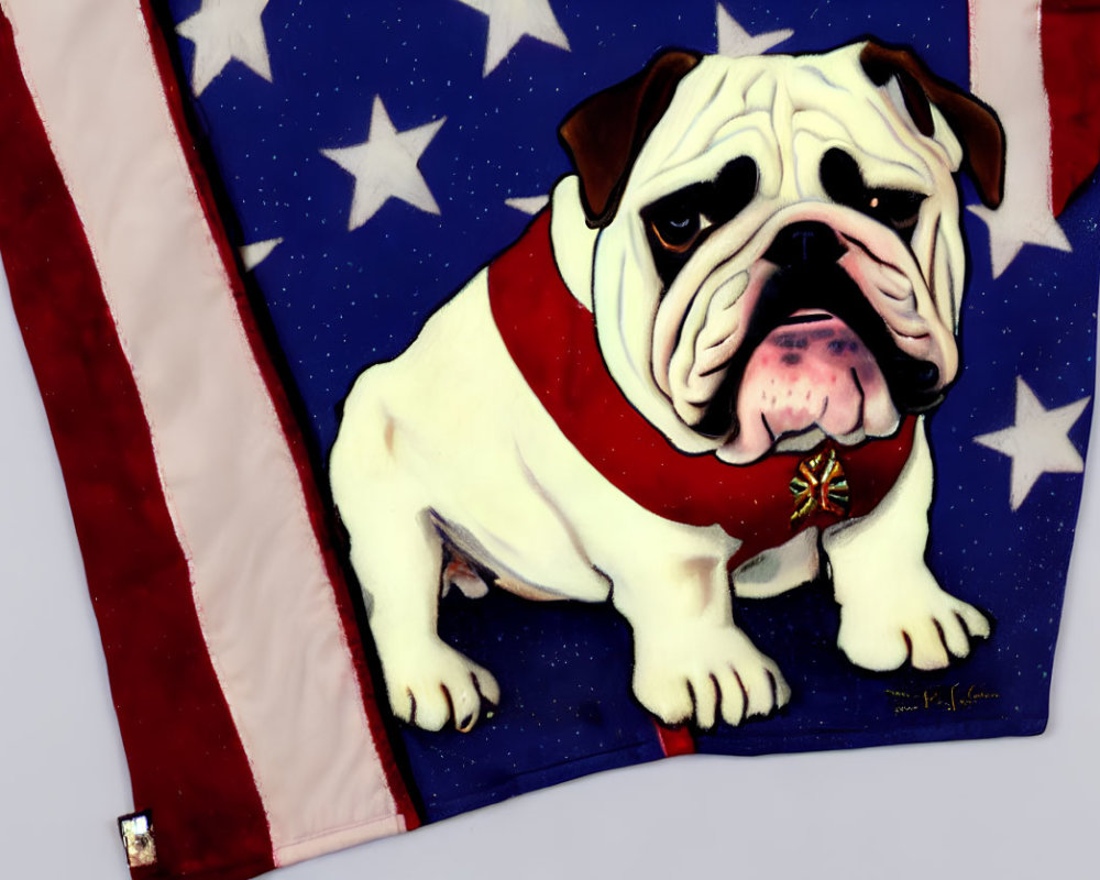 Bulldog illustration on fabric with American flag background