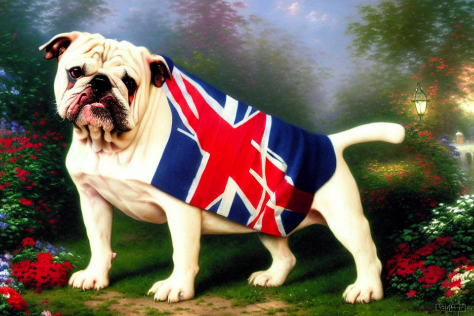 British Flag Bulldog in Colorful Garden with Blooming Flowers