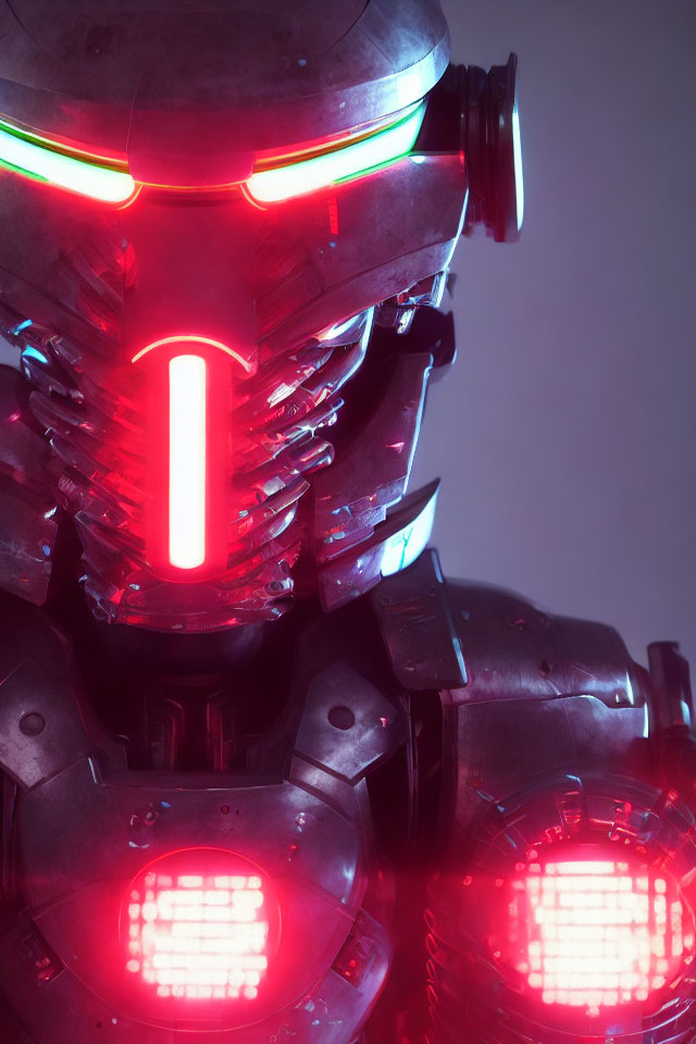 Detailed Illuminated Robotic Suit with Red and Green Lights