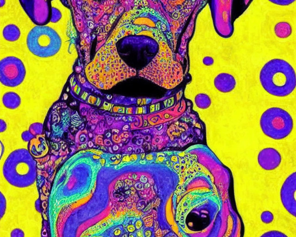 Colorful Psychedelic Dog Illustration on Yellow Background