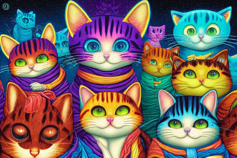 Colorful Cats in Scarves on Cosmic Background