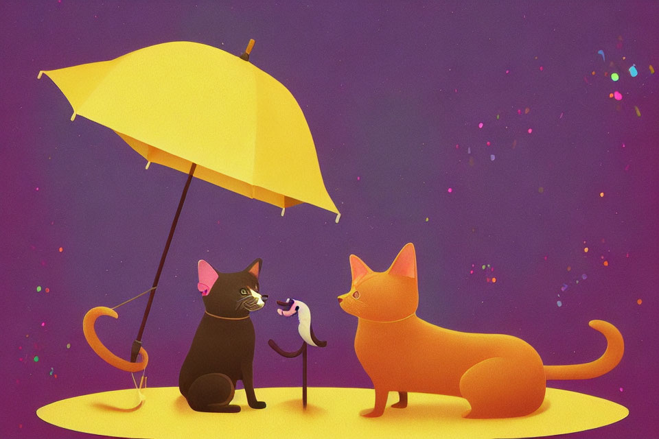 Cartoon black and orange cats under yellow umbrella on purple background