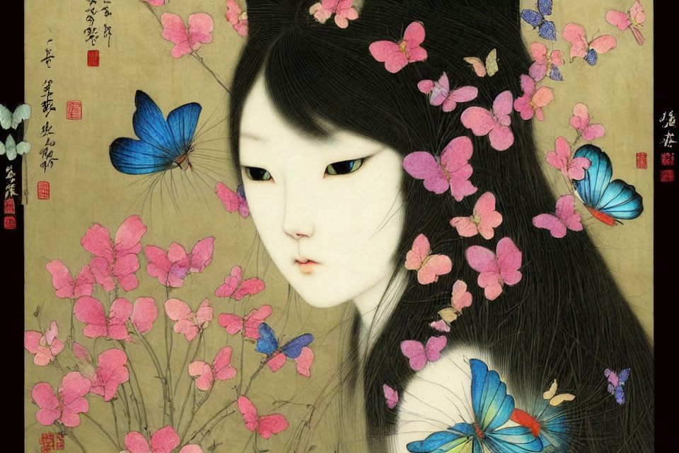 Traditional Asian-style illustration of woman with black hair, pink flowers, and blue butterflies