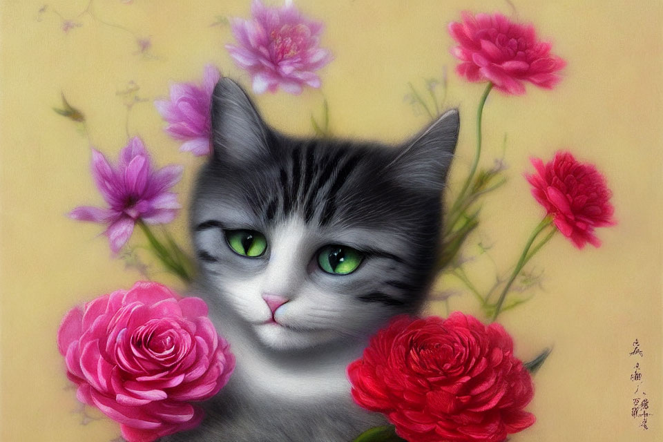 Grey and White Cat with Green Eyes Surrounded by Pink and Red Flowers on Yellow Background