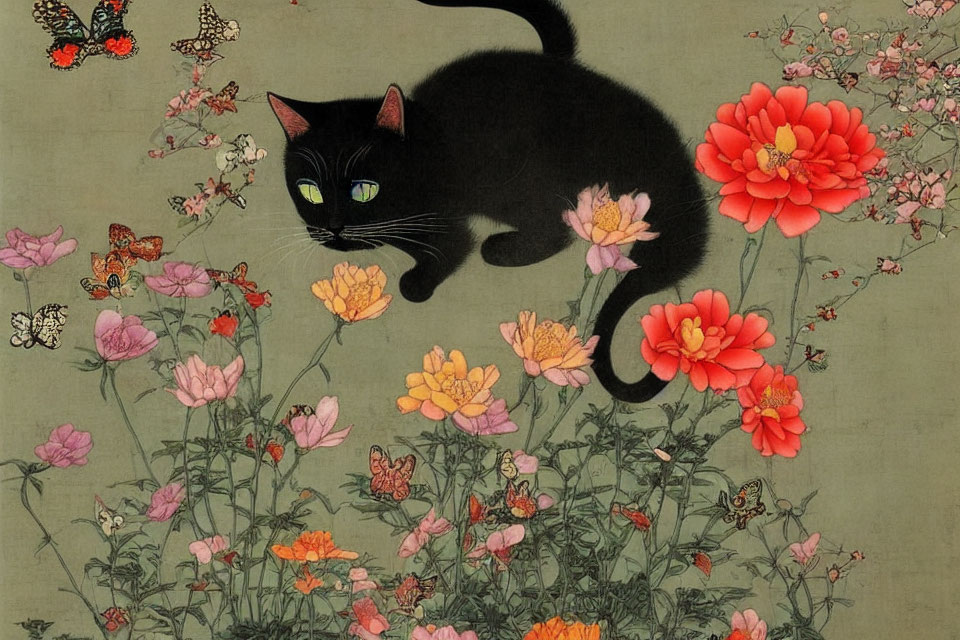 Black Cat with Green Eyes Resting on Blooming Flowers and Butterflies on Grey Background