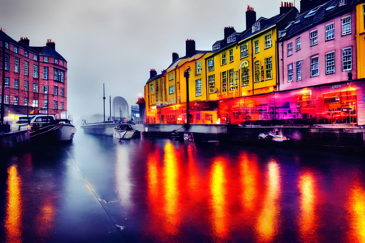 Vibrant canal scene with colorful buildings and boats under overcast sky