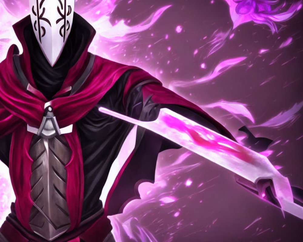 Mysterious figure in dark cloak with white mask and glowing purple blade