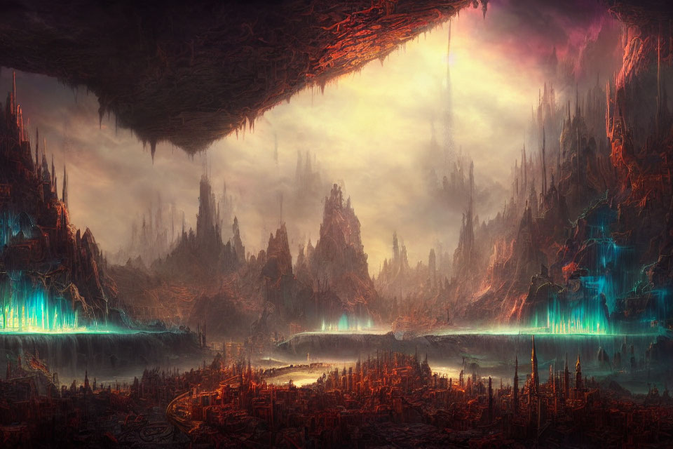 Fantastical landscape with towering spires and glowing rivers