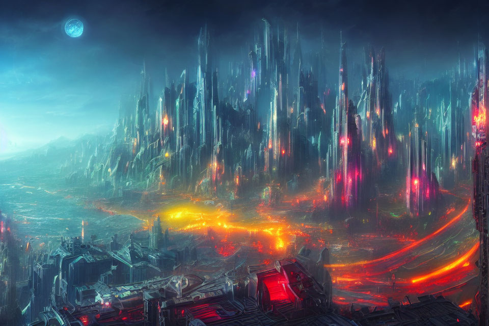 Futuristic cityscape with neon-lit skyscrapers, lava rivers, and moon.