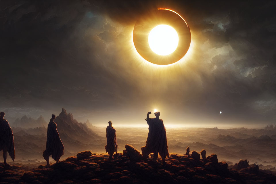 Three robed figures observing solar eclipse on rocky terrain