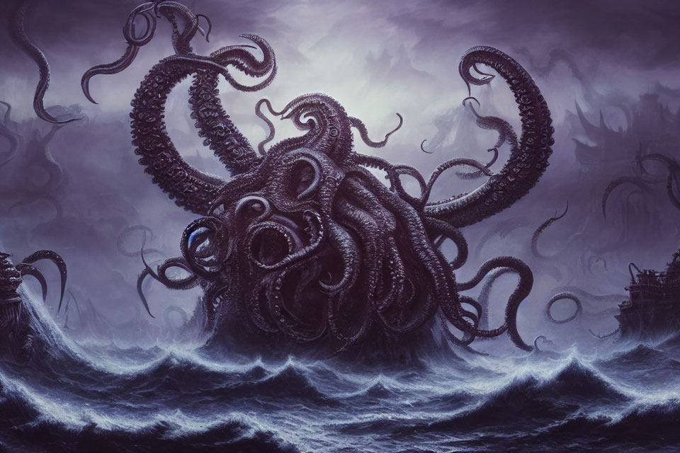 Monstrous octopus emerges from stormy sea waters