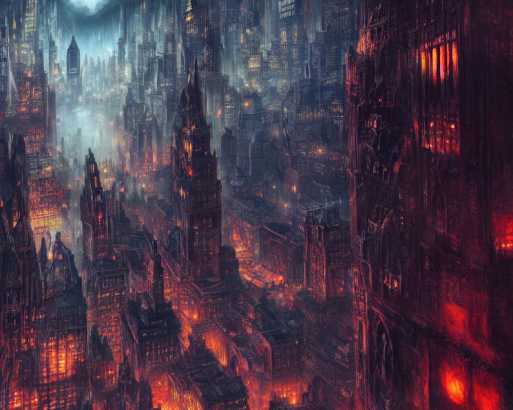 Dystopian cityscape at night: towering buildings, red lights, dense smoke