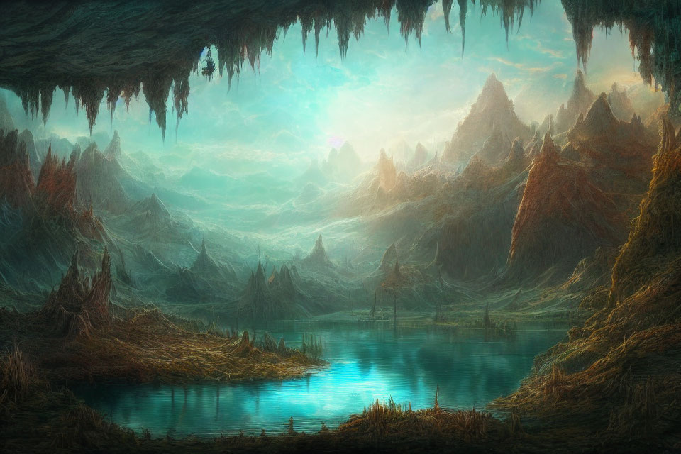 Mystical subterranean lake in fantasy landscape with glowing light