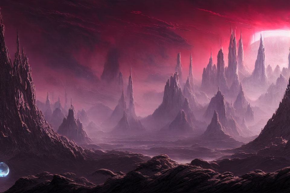 Alien landscape with towering spires under red sky and small moon