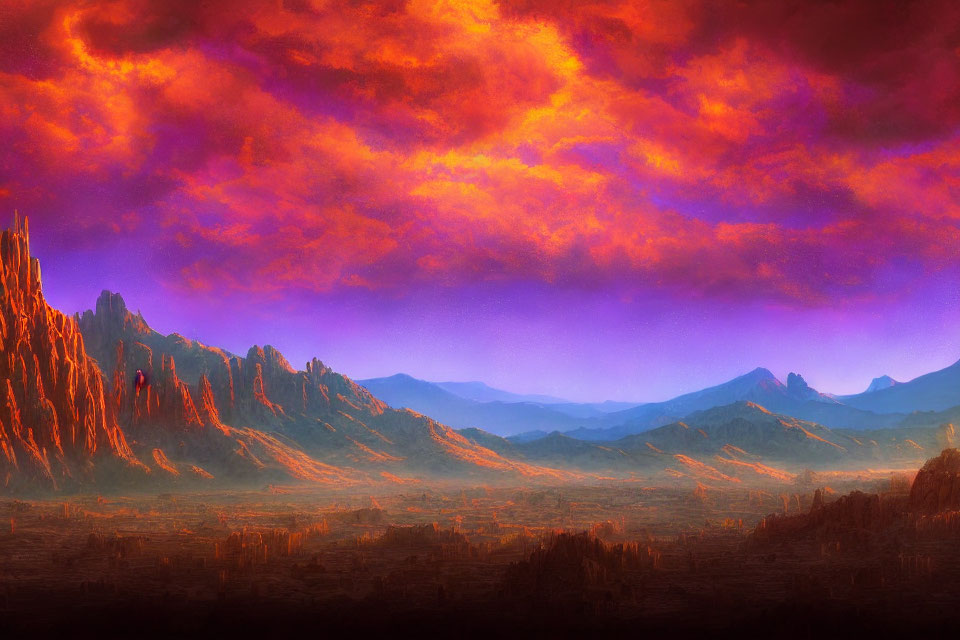 Colorful otherworldly landscape at dusk with fiery red clouds and jagged peaks.