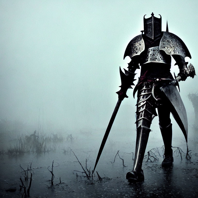 Full-armored knight in misty, desolate landscape with spiked weapon