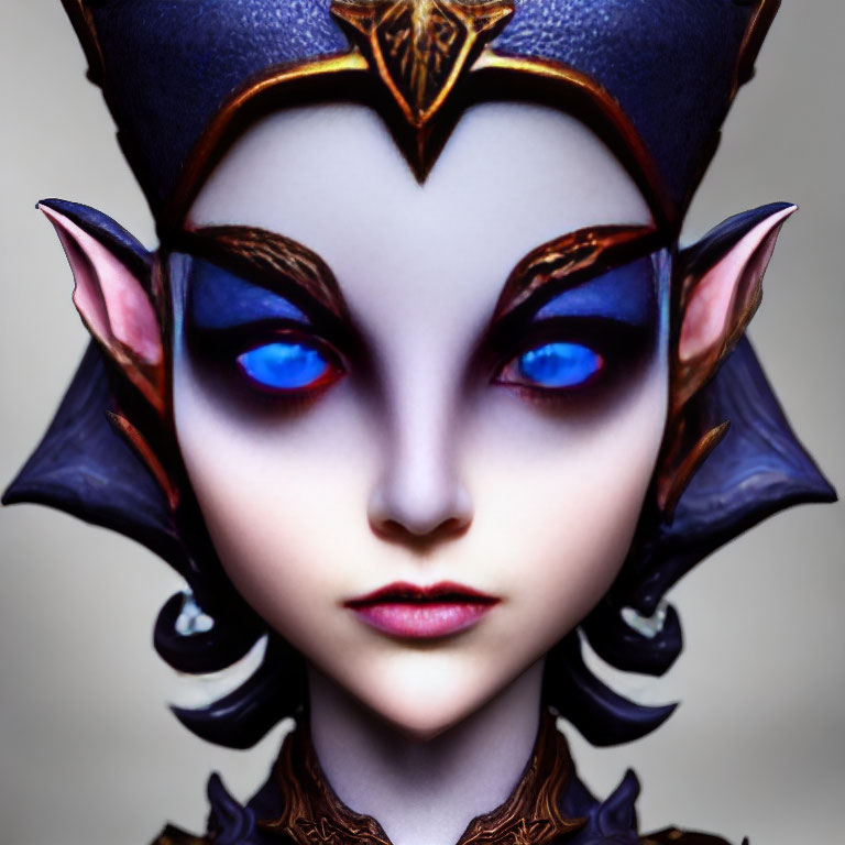 Fantasy character with pointy ears, blue eyes, and elaborate headgear captured in close-up shot