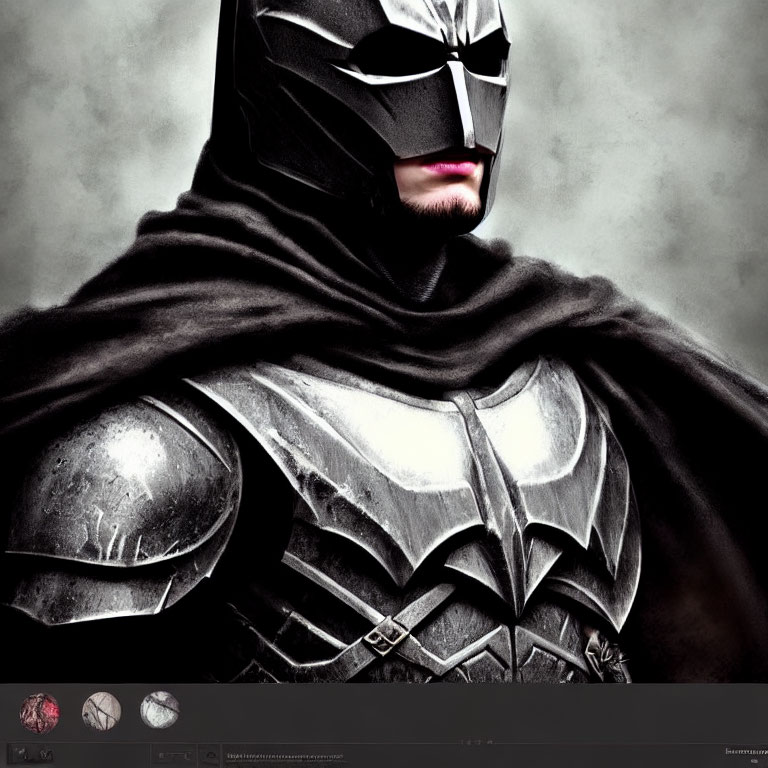 Person in Metallic Batman Costume with Cape on Grey Background