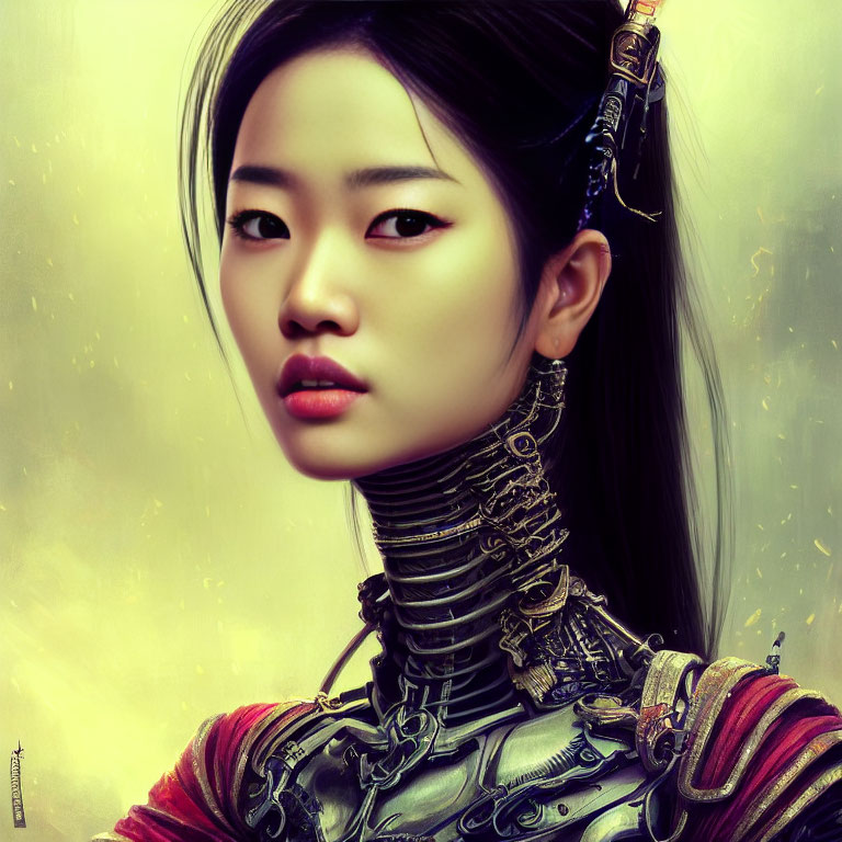 Asian woman in intricate armor with katana hilt on golden backdrop