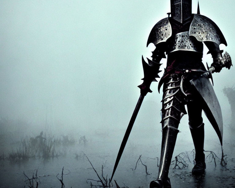 Full-armored knight in misty, desolate landscape with spiked weapon