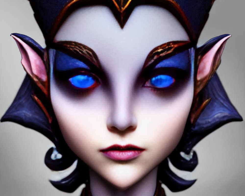 Fantasy character with pointy ears, blue eyes, and elaborate headgear captured in close-up shot