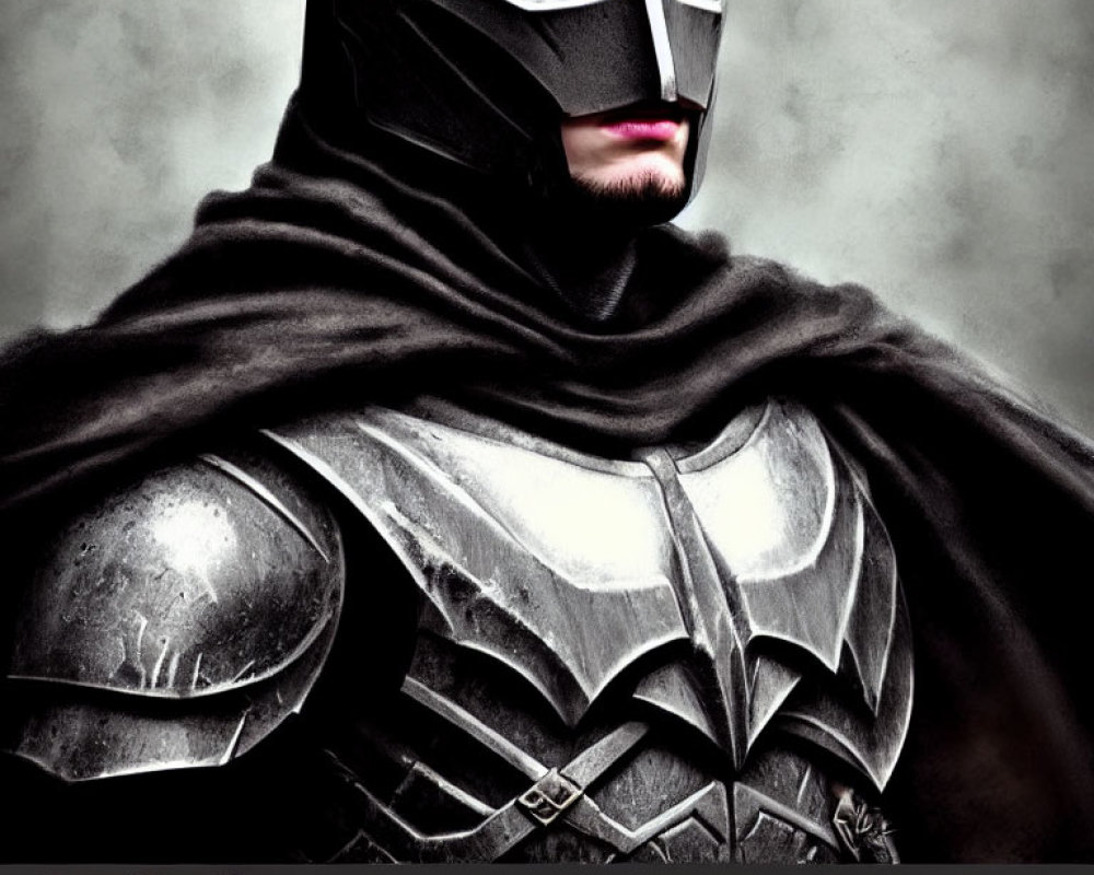 Person in Metallic Batman Costume with Cape on Grey Background