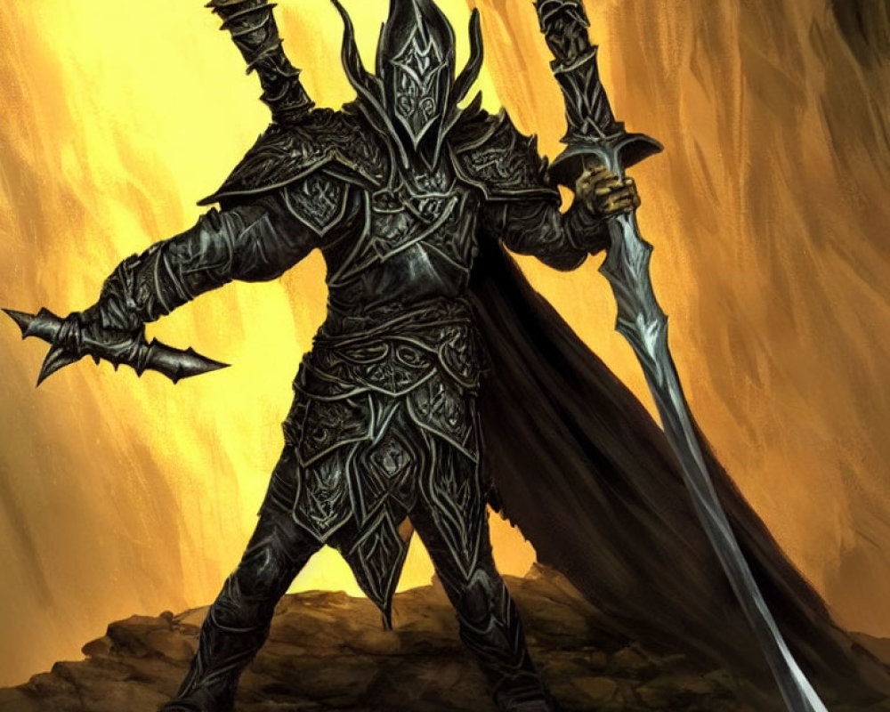 Armored figure with double-bladed sword in fiery backdrop