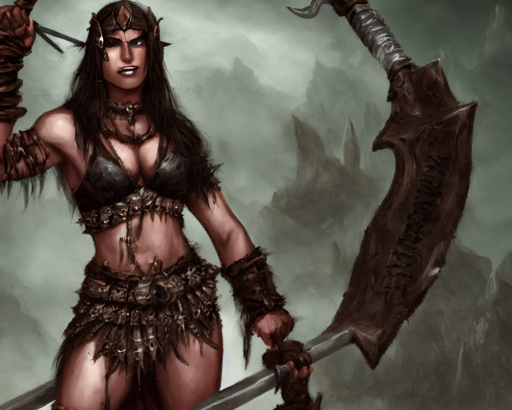 Fantasy female warrior in tribal outfit wields double-headed battle axe