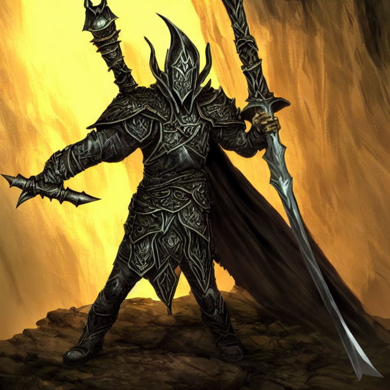 Armored figure with double-bladed sword in fiery backdrop