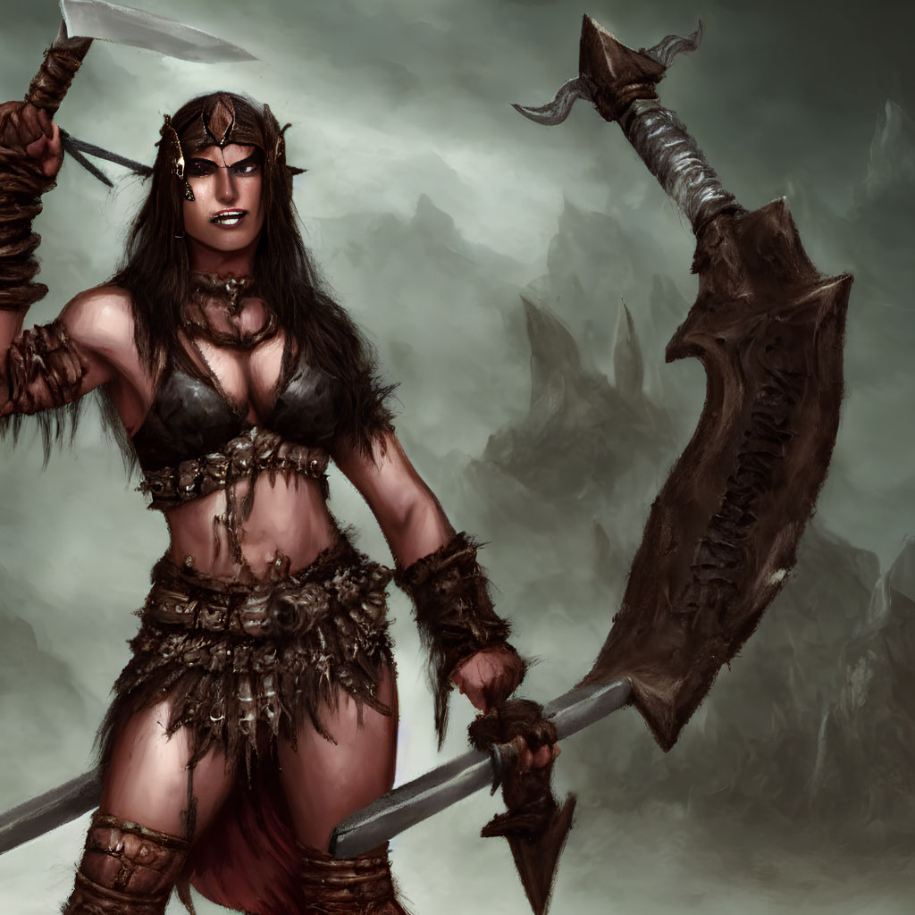 Fantasy female warrior in tribal outfit wields double-headed battle axe