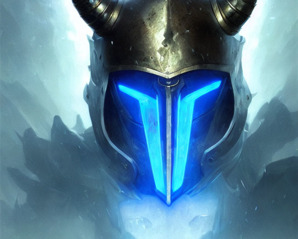 Mystical helmet with glowing blue eyes and horned silhouette in ethereal mist