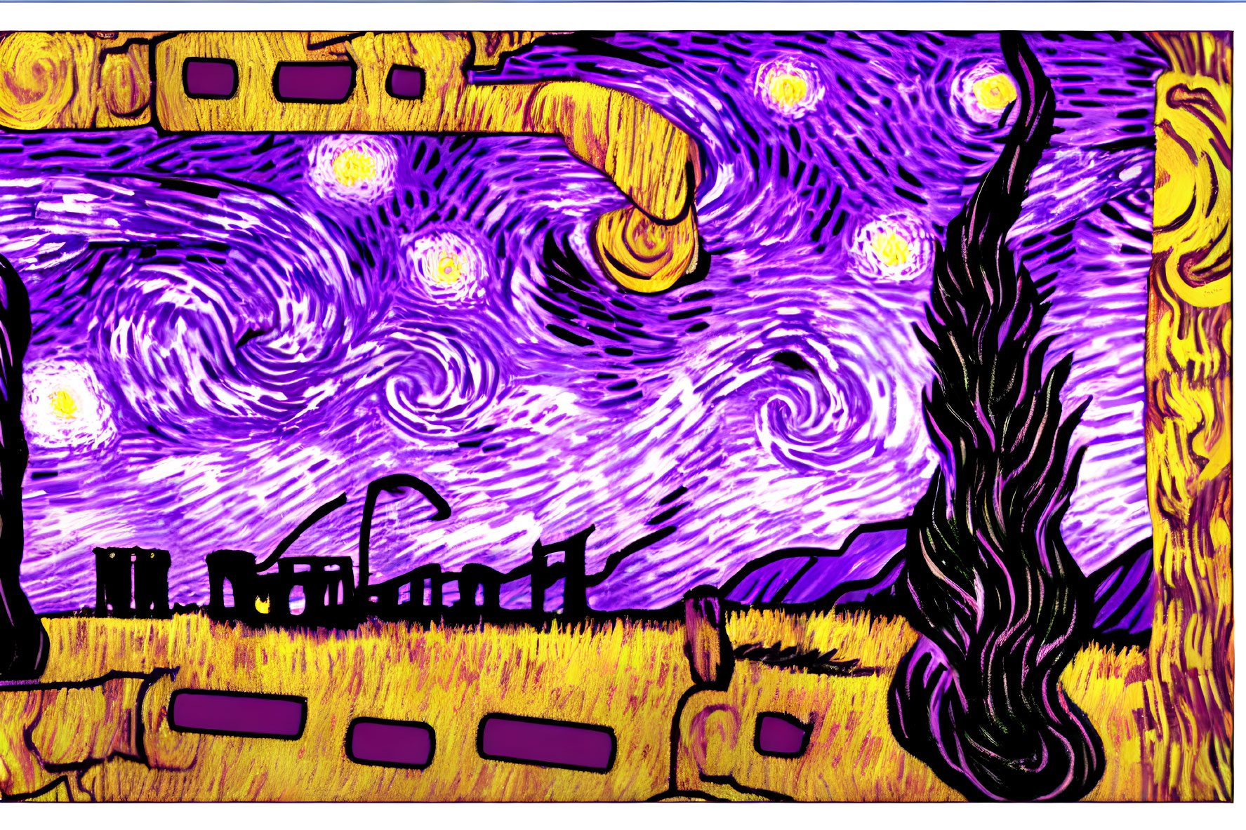 Colorful drawing with swirling purple and yellow sky, stars, crescent moon, and cypress tree