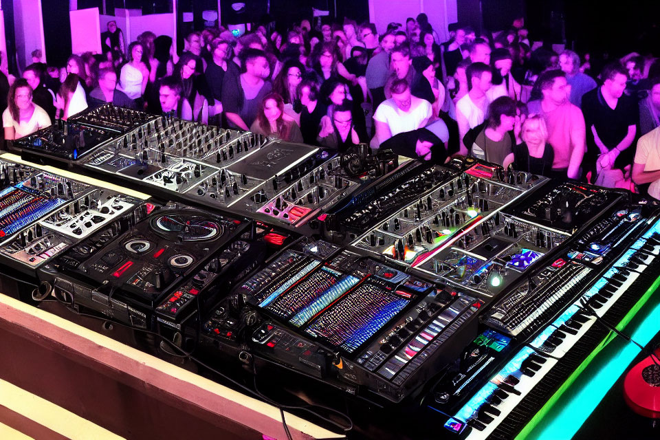 Detailed DJ booth and dancing crowd in colorful club ambiance