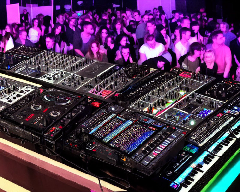 Detailed DJ booth and dancing crowd in colorful club ambiance