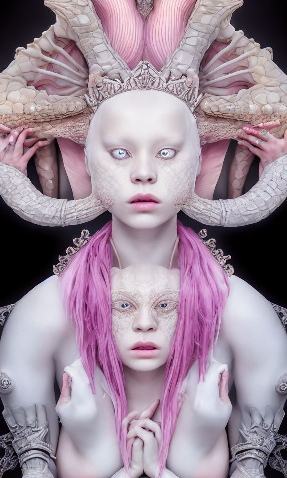 Digital image of alabaster-skinned figure with pink hair and intricate headdress, accompanied by mirrored