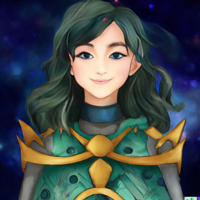 Smiling female character with green hair in fantasy armor on starry background