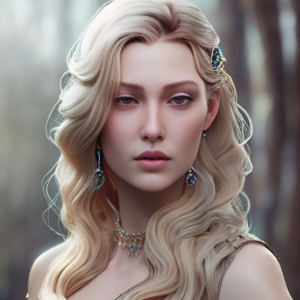 Blonde woman with blue eyes in forest setting with jewelry