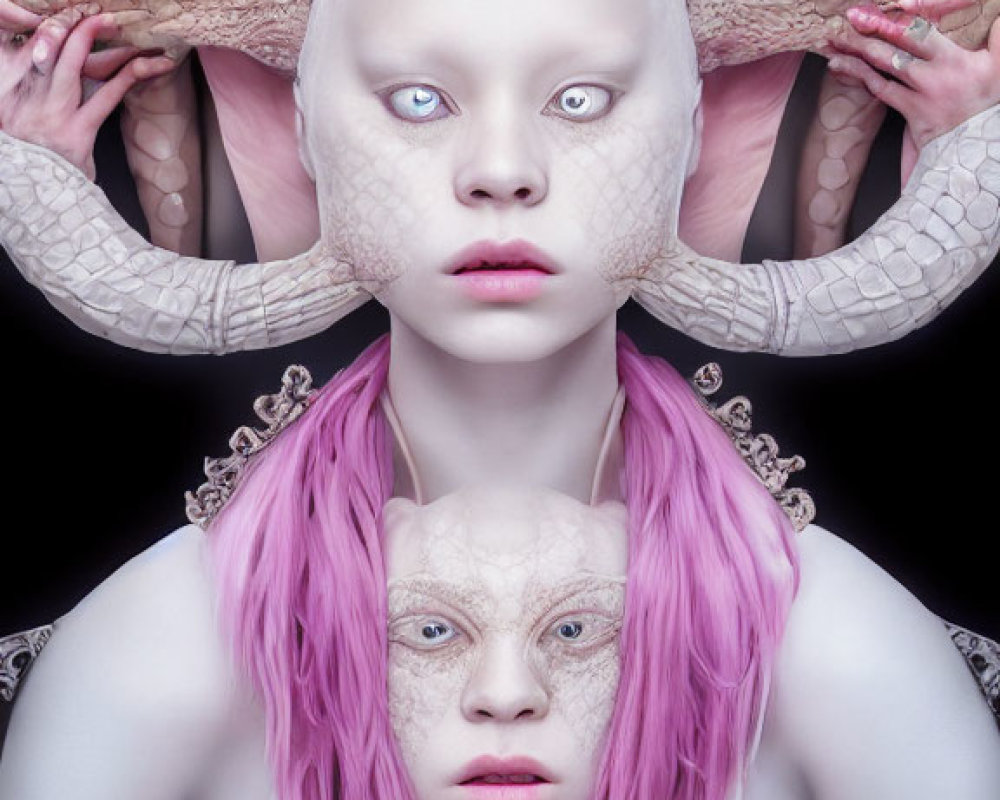 Digital image of alabaster-skinned figure with pink hair and intricate headdress, accompanied by mirrored