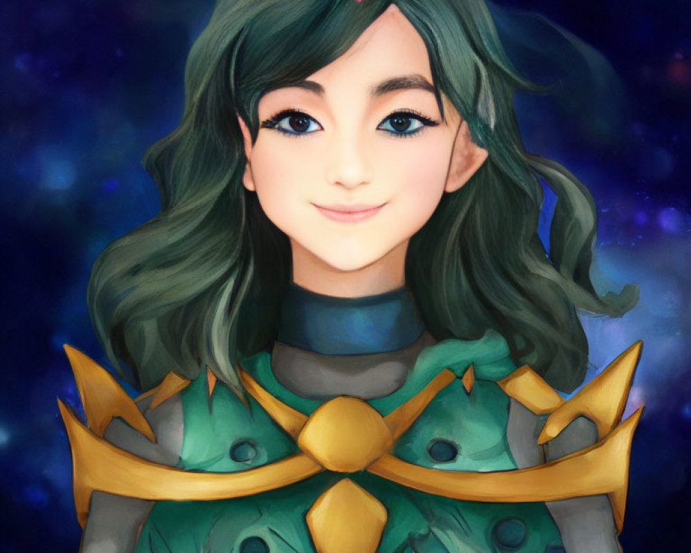 Smiling female character with green hair in fantasy armor on starry background