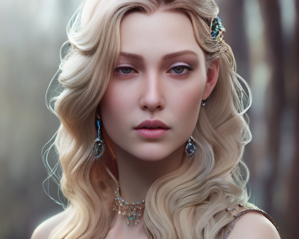 Blonde woman with blue eyes in forest setting with jewelry