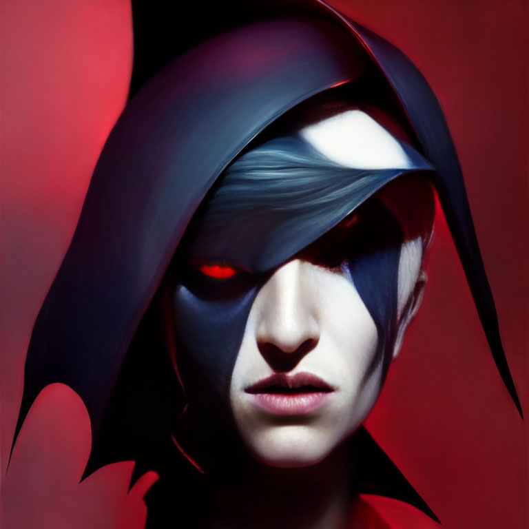 Red-eyed person with half-shadowed face and dual-toned hair on red background