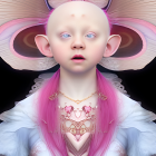 Digital image of alabaster-skinned figure with pink hair and intricate headdress, accompanied by mirrored