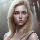 Blonde woman with blue eyes in forest setting with jewelry